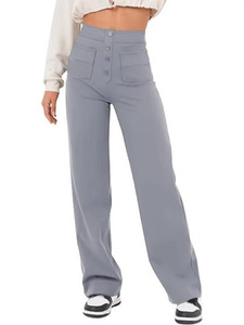 Pantalones de Mujer Estilo Europeo Americano, Cintura Alta, Bolsillos <span class=keywords><strong>con</strong></span> Solapa, Cintura Elástica <span class=keywords><strong>con</strong></span> <span class=keywords><strong>Botones</strong></span>, Diseño Casual Holgado de Pierna Ancha para Otoño - Product Image 1