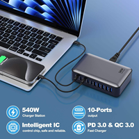 Cargador GaN de 540W con 10 Puertos USB C, Estación de Carga Rápida de Escritorio PD 3.0 QC 3.0 para Laptop, Oficina, Múltiples Dispositivos