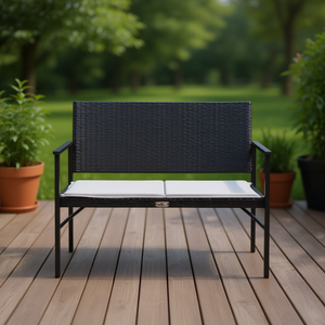 Rectangular <b>Black</b> Pe Rattan Garden Bench Metal <b>Frame</b> Modern Design Outdoor Patio Furniture 2 Seater Durable - Product Image 2