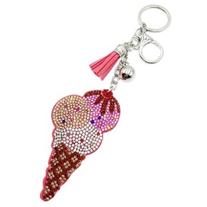Porte-clés pendentif mini cornet de glace en strass scintillant pour femme, avec pompons mignons, breloque de sac à main - Product Image 5