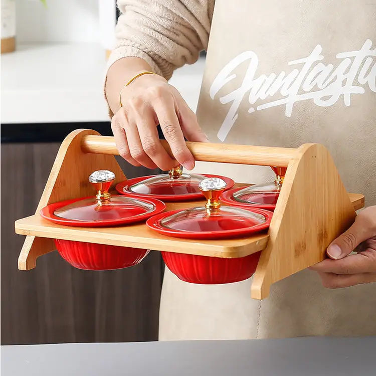 Sıcak satış tapas servis tabağı kase seti renkli camlı 4 bölme seramik gıda aperatif kasesi ile ahşap standı