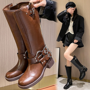 Botas Femininas Western Cowboy Retrô com Plataforma, Salto Grosso, Bico Quadrado, Estilo Punk, Design Cavaleiro, Couro Genuíno, Outono Inverno - Product Image 5