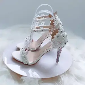 High Quality Factory Price 9Cm Heel Beaded Lace Flower Rhinestone Wedding Shoes Bridal