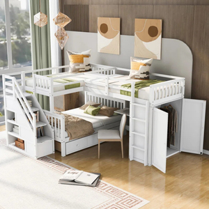 Conjuntos de <span class=keywords><strong>Muebles</strong></span> de Dormitorio Infantil al por Mayor de <span class=keywords><strong>Fábrica</strong></span> Litera en Forma de L Doble sobre Matrimonial con 3 Cajones, Escritorio Portátil y Armario - Product Image 2