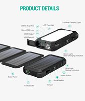 Batterie solaire portable 20 000 mAh avec panneau solaire multiple, charge rapide QC 18W, lampe de camping, boussole extérieure, chargeur portable, étanche IPX5