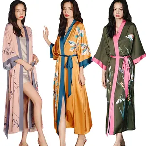 wholesale 32colors plus size women kimono bridesmaid gift printed floral long satin robes
