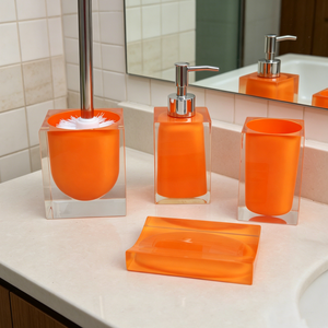 Set di Accessori per Bagno con Doppio Strato Trasparente, Esterno <span class=keywords><strong>Arancione</strong></span>, Interno Trasparente: Porta Scopino, Dispenser Sapone, Bicchiere, Porta Sapone - Product Image 5