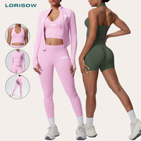 LORISOW Vêtements de yoga pour femmes en gros – Ensemble 4 pièces : veste zippée, brassière dos nu, short cycliste et legging pour la course, le studio et le Pilates