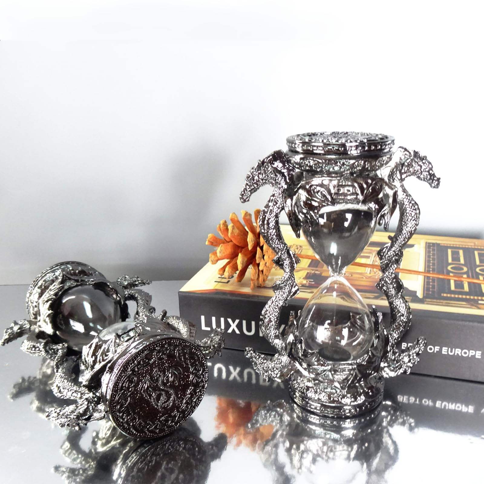 XinZhiRun Gothic Dragon Hourglass 6in 15min, Black Fantasy Sand Timer Vintage Desk Decor Statue Gift