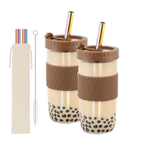 Lot de 2 bocaux Mason en verre transparent de 24 oz à large ouverture pour smoothies, avec couvercles en silicone et pailles, pour thé aux perles Boba