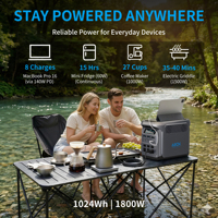 Générateur solaire ABOK 1800W LiFePO4 1024Wh avec MPPT, onduleur à onde sinusoïdale pure, port USB 140W, pour la maison, le camping-car et le démarrage d'urgence