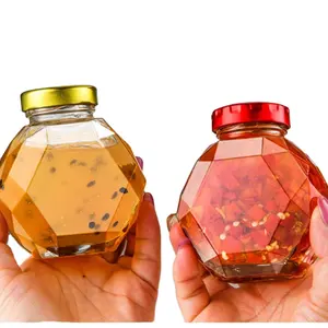 Trong suốt 200ml 380ml thủy tinh lục giác mật ong Jar với Electroplated nắp sắt có nắp đậy thủy tinh mứt Jar cho mật ong Dispenser chai