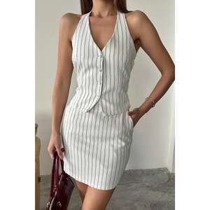 Women's White Striped <b>Vest</b> and <b>Floral</b> Above Knee Short Set XS Size <b>Top</b> Type Wholesale 2-Piece Short Set - Product Image 2