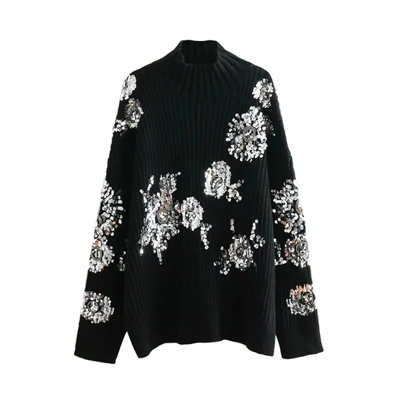 Women Beading Sequins Loose Knitted Sweaters Vintage High Collar Female Pullovers sweaters