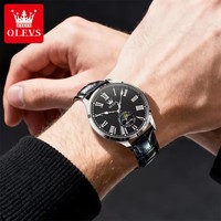 Montre mécanique OLEVS 7118 pour homme, classique intemporelle, bracelet en cuir, lumière nocturne, étanche, phase de lune, montres de mode pour hommes