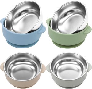 Bol pour bébé en acier inoxydable 304 à double paroi isolé, écologique, sans BPA, avec couvercle en silicone anti-brûlure, anti-fuite, motif dessin animé - Product Image 1