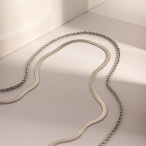 J&amp;D Jewelry Waterproof 18K PVD Gold Plating Also <strong>Silver</strong> Colorway Two <strong>Layers</strong> Rope Flat Snake Chain <strong>Necklace</strong> - Product Image 5