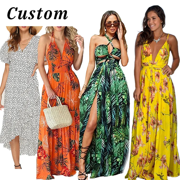 Custom Wholesale Women Dress Floral Print Casual Sundress Ladies Loose Long Dresses Maxi Beach Dress for Woman