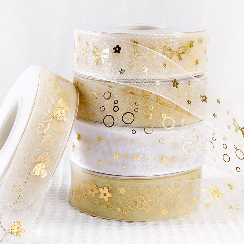 Wholesale 25mm Gift Packing Solid Color Organza Ribbon Luxury Gift Wrapping Gold Logo Printed Custom Birthday Decoration