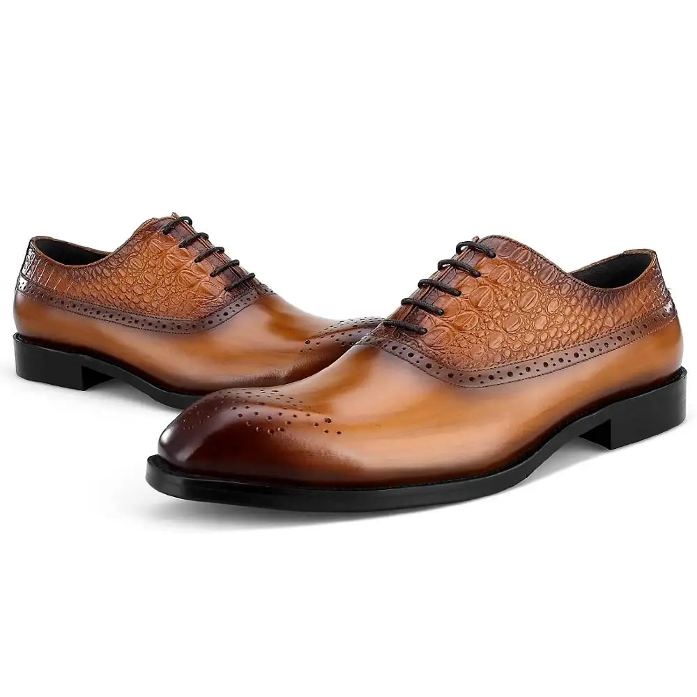 Men's Whosale Handmade Black Brown Hardwearing Genuine Leather Shoes Fashion Brogue Oxford Dress Shoes