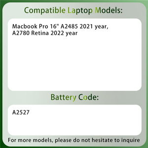 Vente directe d'usine <span class=keywords><strong>Batterie</strong></span> d'ordinateur portable A2527 pour <span class=keywords><strong>Macbook</strong></span> <span class=keywords><strong>Pro</strong></span> 16 pouces A2485 Année 2021 A2780 Retina Année 2022 <span class=keywords><strong>Batterie</strong></span> Li-polymère - Product Image 2