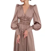 Robe de soirée longue en Satin, col en V, couleur unie, manches lanternes, Vintage, élégante, taille haute, pour femmes