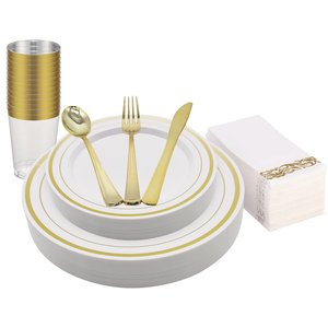 120 Pieces Gold Rim <strong>Dinner</strong> <strong>Set</strong> <strong>Plastic</strong> Dinnerware <strong>Set</strong> for Party or Wedding - Product Image 1