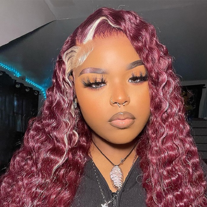 99j burgundy & blonde skunk stripe wig deep wave