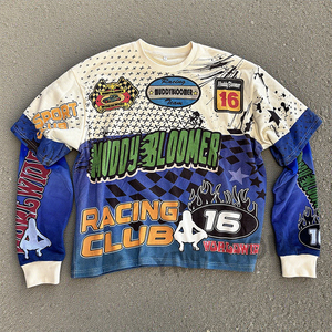 เสื้อยืดแขนยาวสไตล์วินเทจสำหรับผู้ชายเสื้อคอตตอนบ็อกซี่เอวสั้นประดับพลอยเทียม - Product Image 1