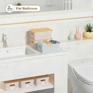 Plastic Storage Baskets With Bamboo <b>Lid</b> Stackable Storage <b>Bins</b>: Storage Baskets for Organizing - Product Image 3