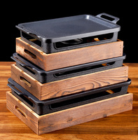 Four de barbecue de cuisinière à alcool de gril de table portatif avec la base en bois de casserole de gril en fonte d'aluminium antiadhésive