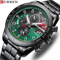Montre chronographe pour homme, boîtier argenté, lunette noire, tachymètre, trois sous-cadrans, fenêtre de date, bracelet en acier, sport racing