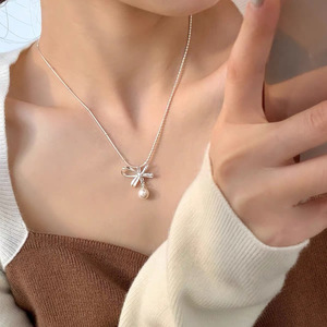 S925 <b>Silver</b> Bowknot Pearl Necklace 40.5Cm Everyday Wear Elegant <b>Choker</b> - Product Image 2