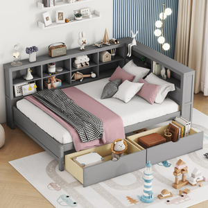 Modern Wooden Full Size DayBed with 2 Drawers, DayBed with Storage Shelf and USB Charging Ports,Grey - Product Image 1