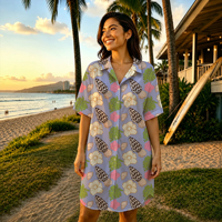 Gaun Kemeja Wanita Rayon Motif Bunga dan Kerang Hawaii, Kancing Depan, Longgar, Cetak Kustom, Grosir, Kasual
