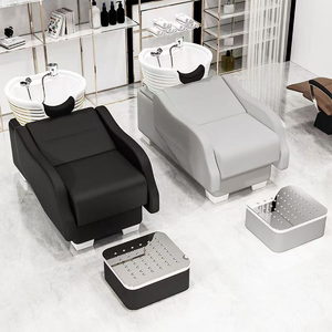 Cama de lavado de cabello semireclinable especial para peluquerías y salones de belleza equipada con lavabo cerámico accionado con el pie. - Product Image 1
