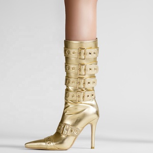 Large Size 46 Belt Metal Buckles Women <b>Knee</b> <b>High</b> Boots <b>High</b> Slim Heeled Long Booties Sexy Punk Styles Stiletto Dress Shoes - Product Image 6