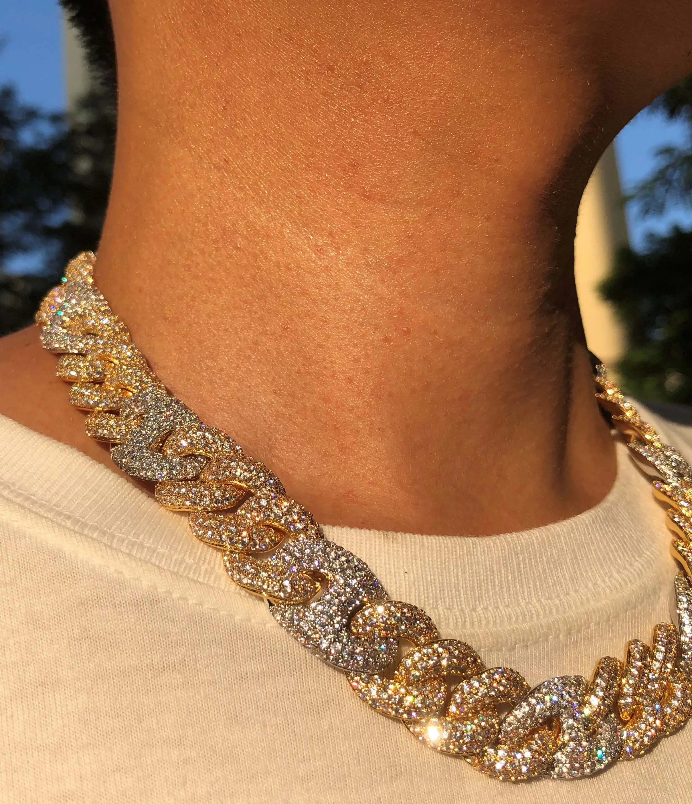 Iced out Yellow gold and white gold coating Hiphop Cuban Link chain for men