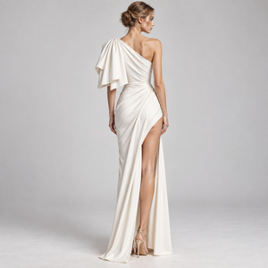 Robe fourreau élégante en satin à une épaule, longueur ras du sol, avec fente haute et taille ajustée, pour tenue de soirée - Product Image 2