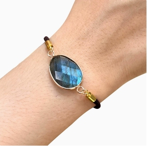 Summer Collection Double Side Faceted Natural Stone Oval <strong>Gold</strong> Charm Adjustable Handmade <strong>Bracelet</strong> for <strong>Kids</strong> Girl Woman and Man - Product Image 2