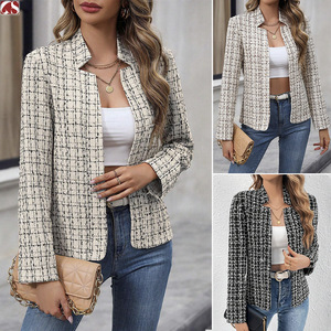 Chaqueta Cárdigan de Oficina de Alta Calidad para Mujer, Tejida, 100% Poliéster, Antiencogimiento, Cuello Mao, Manga Larga, Primavera Otoño, a Cuadros - Product Image 2