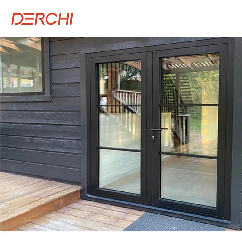 DERCHINFRCエクステリアエントリークリッタルドアデザイン強化ガラスアルミニウムフレンチダブルガラススイングケースメントドア