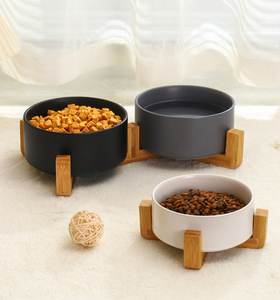 Ceramic <b>Dog</b> and Cat <b>Bowl</b> <b>with</b> Wood <b>Stand</b> Non-Slip Matte Glaze Weighted Food Water Set for Cats &Small <b>Dogs</b> - Product Image 3