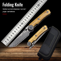 Couteau de chasse pliable EDC à roulement mécanique élégant, lame en acier Damas, forgé à la main, couteau de poche, étui en bois et cuir