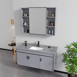 Mueble de Baño Moderno de Aluminio de Alta Calidad al por Mayor con Espejo y Lavabo de Piedra para Hoteles - Product Image 4