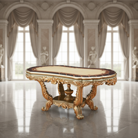 Table à manger longue de style européen, style américain, luxe sculpté, couleur champagne, marqueterie en marbre, feuille d'or