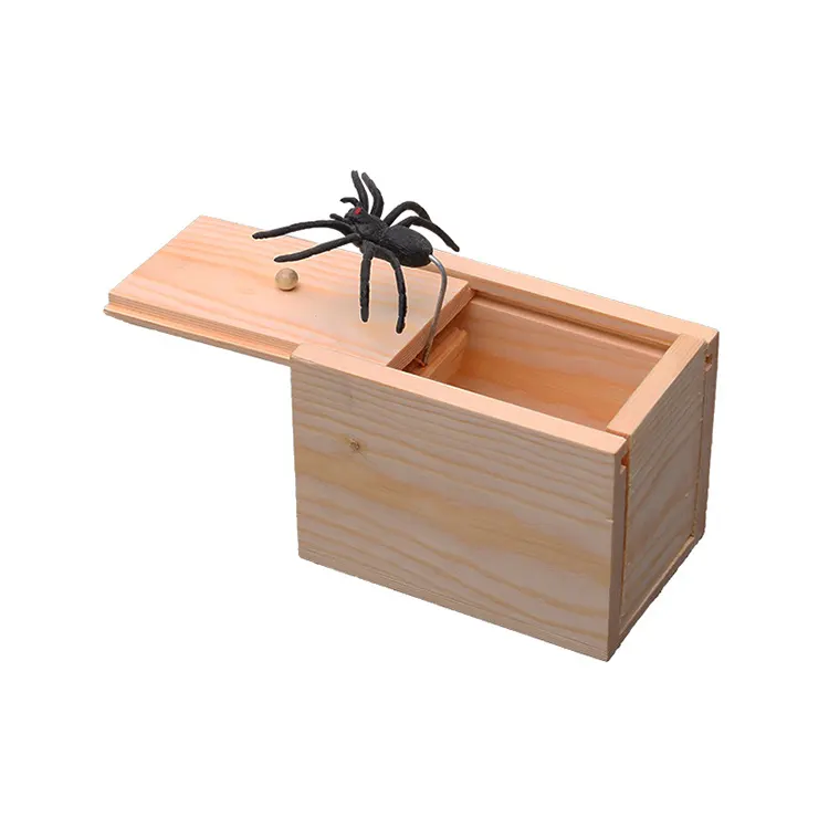 Kualitas bagus kejutan lelucon kotak kayu laba-laba mainan Prank