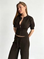 Setelan Rajut Katun Wanita - Celana Slim-fit Model Prancis dengan Cardigan, Bernapas & Cepat Kering, Pakaian Kasual