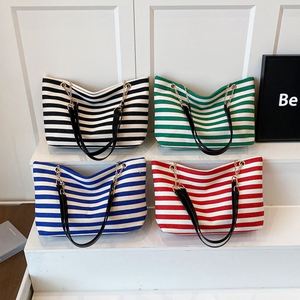 Factory Directly Selling Korean Fashion Striped Canvas <b>Tote</b> Bag Women's Shopping Bags Chain Single Shoulder Bag With Logo - Product Image 2