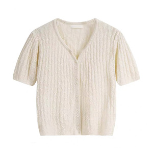 Cardigan tricoté à manches courtes et col en V pour femme, coupe ample, couleur crème glacée, respirant, haut d'été - Product Image 4